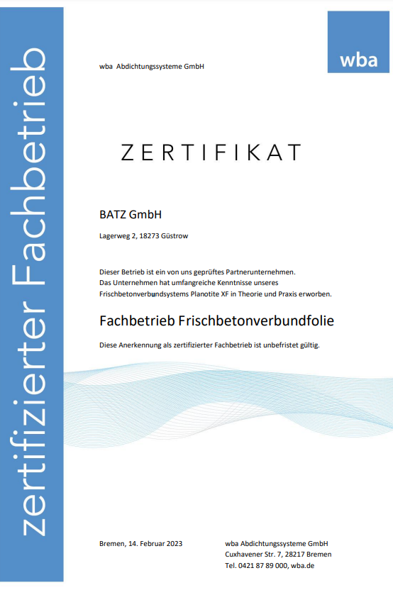 Frischbetonverbundfolie Zertifikat